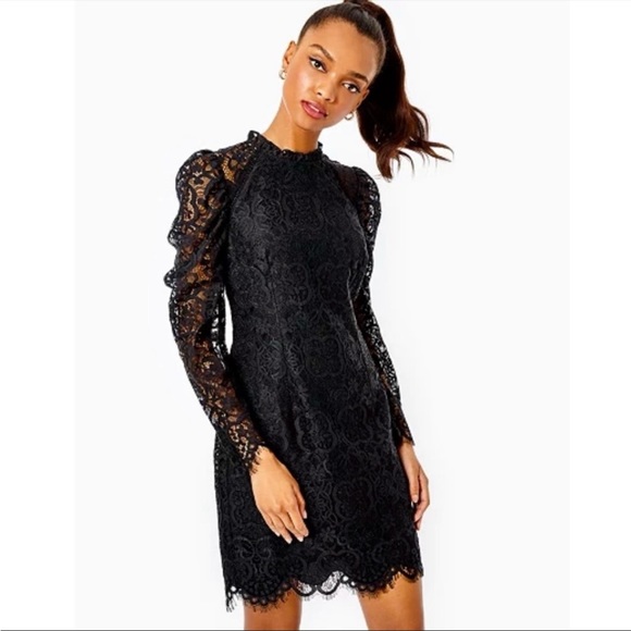 Lilly Pulitzer Averi Lace Embroidered black mini mock neck long sleeve size 00 - Picture 2 of 11